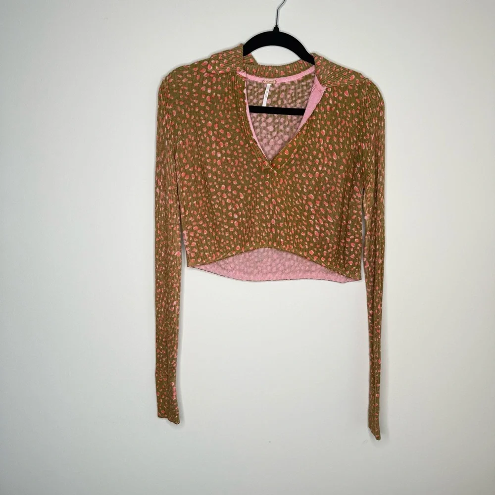 Free People Olive Green Pink Dot Cropped Long Sleeve Top Size Small